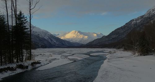 Scenic view of snowcapped mountains against sky during winter