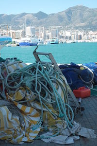 Fishing boats moored at harbor