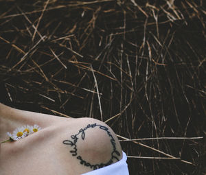 Cropped image of woman with tattoo on shoulder against plants