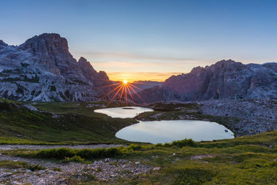 Scenic view of snowcapped mountains against sky during sunset