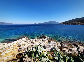 Scenic view of sea against clear blue sky