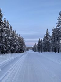 Snow covered road by trees against sky