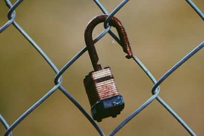 Close-up of rusty padlock on chainlink fence