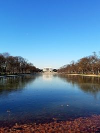 Scenic view of lake against clear blue sky