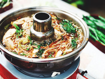 High angle view of ice cream in bowl on table