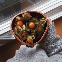 Cropped image of person holding physalis in bowl