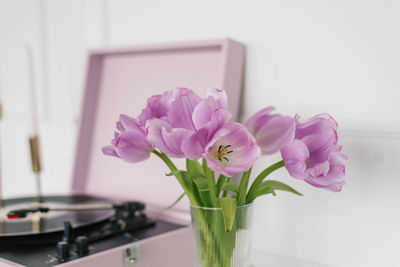 Beautiful lilac tulips on the background of a record player