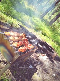 High angle view of meat on barbecue grill