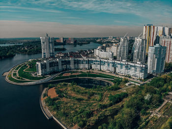 High angle view of buildings against sky in city