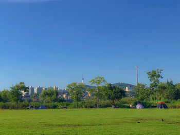 Scenic view of field against clear blue sky