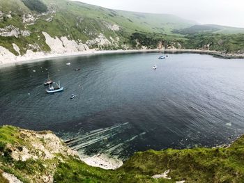 High angle view of sea and mountains