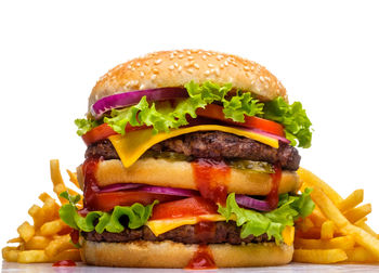 Close-up of burger against white background