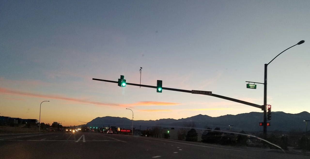 transportation, sky, car, sunset, outdoors, road, no people, illuminated, red light, road sign, nature, traffic signal, day