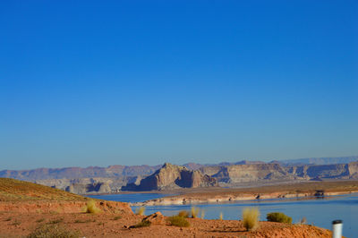 Scenic view of landscape against clear blue sky in arizona 