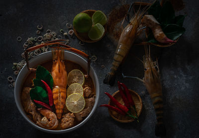 High angle view of fruits in container on table