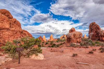 Panoramic view of rocks on landscape against cloudy sky
