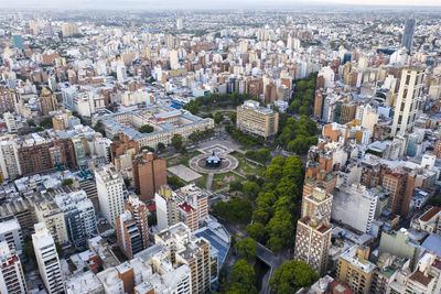 High angle view of modern buildings in city