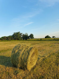 Hay bales on field against sky