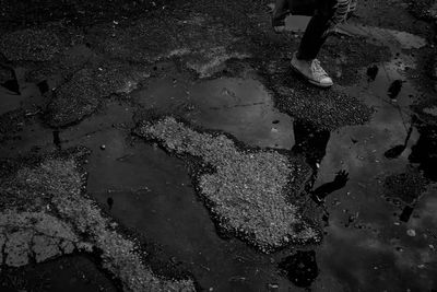 Low section of man standing on puddle