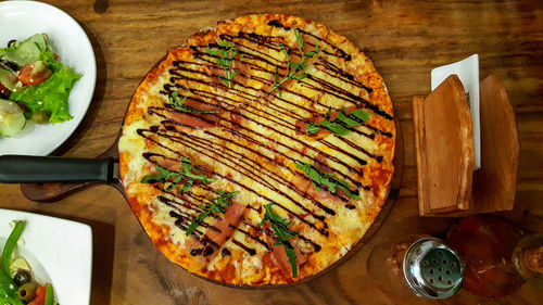 High angle view of meal served on table