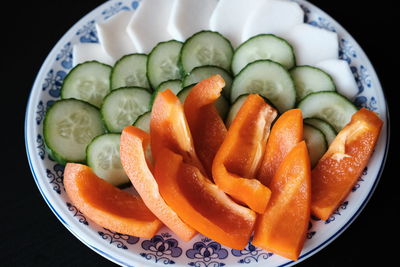 High angle view of chopped vegetables in bowl