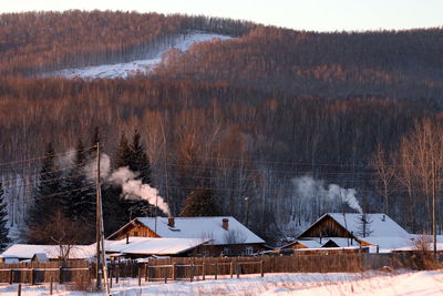 Winter landscape with wooden houses in a frosty day.