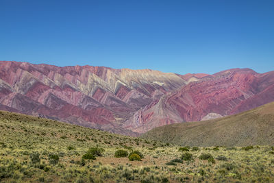 Scenic view of mountains against clear blue sky