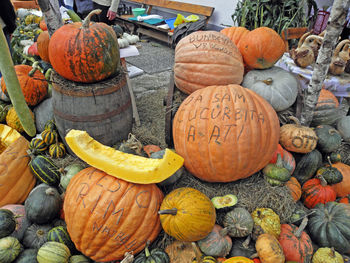 High angle view of pumpkins for sale at market