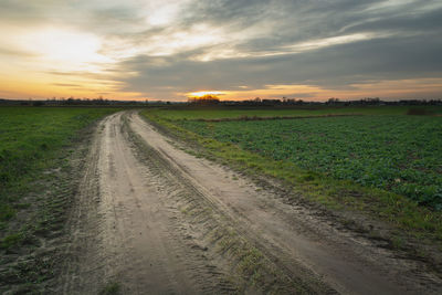 Sandy dirt road through green fields, clouds after sunset