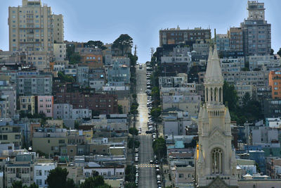 High angle view of buildings in city