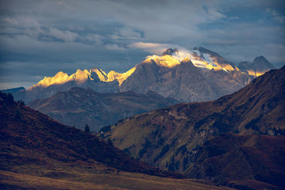 Scenic view of snowcapped mountains against sky