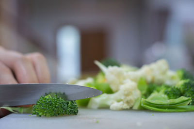 Cropped hand cutting vegetables on kitchen island