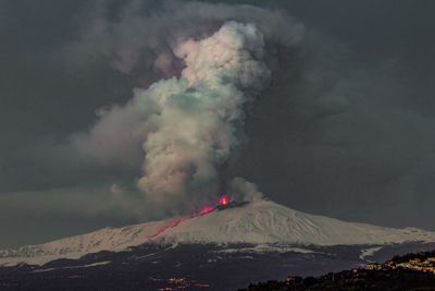 Aerial view of volcanic mountain against sky