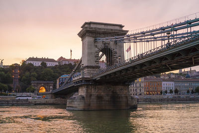 Szechenyi chain bridge at sunset with buda castle district