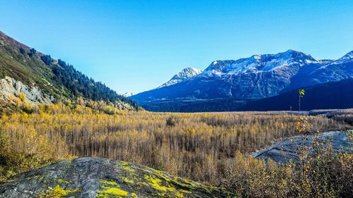 Scenic view of mountains against clear blue sky