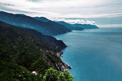 Panorama of ligurian sea coast from hiking trail, cinque terre, italy