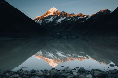 Scenic view of lake and snowcapped mountains during winter