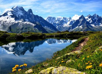 Scenic view of lake and mountains against sky