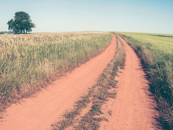 Dirt road amidst field against sky