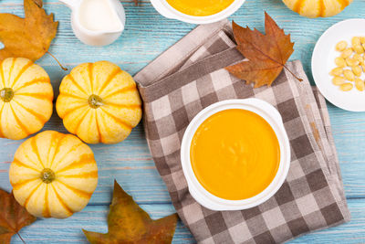 High angle view of various pumpkin served on table