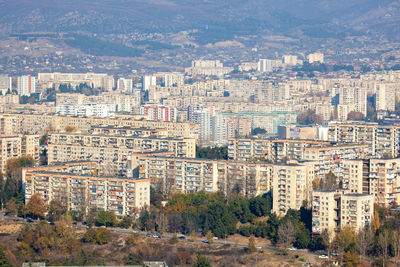 High angle view of buildings in city