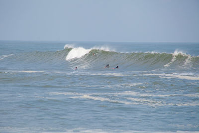 Friends surfing on sea against clear sky