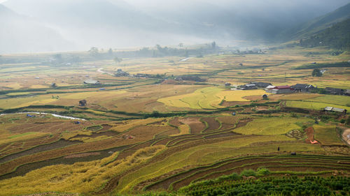 High angle view of agricultural field against sky