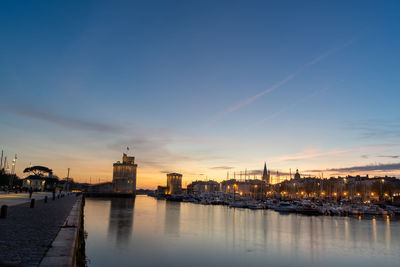 Panoramic view of the old harbor of la rochelle at blue hour with its famous old towers