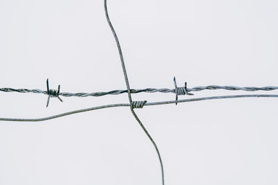 Low angle view of barbed wire against sky during winter