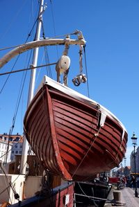 Low angle view of mast against clear blue sky