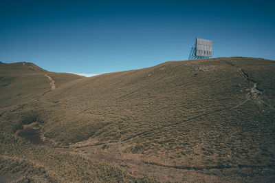 Scenic view of mountains and giant reflector as an iconic landmark against clear sky