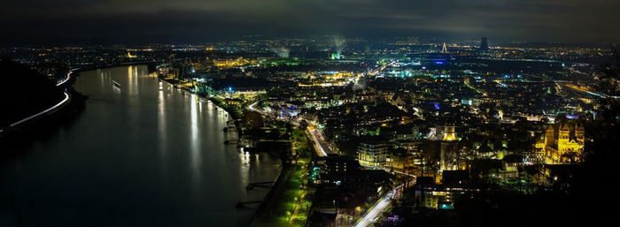 High angle view of illuminated city at night