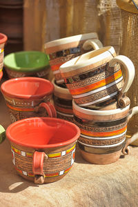 Close-up of multi colored objects on table