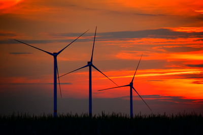 Scenic view of sunset sky and windmills 